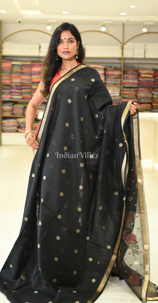 Black Linen Saree with Red Floral Pallu 