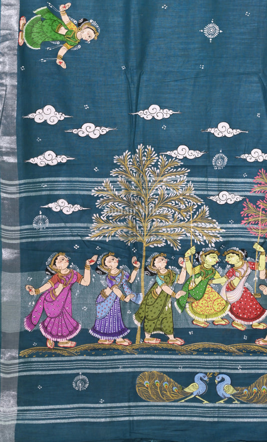 Peacock Blue Raja Doli Theme Hand-Painted Pattachitra Saree