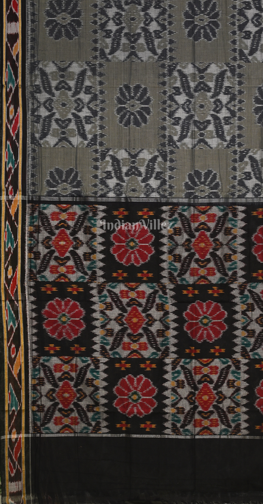 Grey Black Computer Theme Odisha Ikat Maniabandha Cotton Saree 