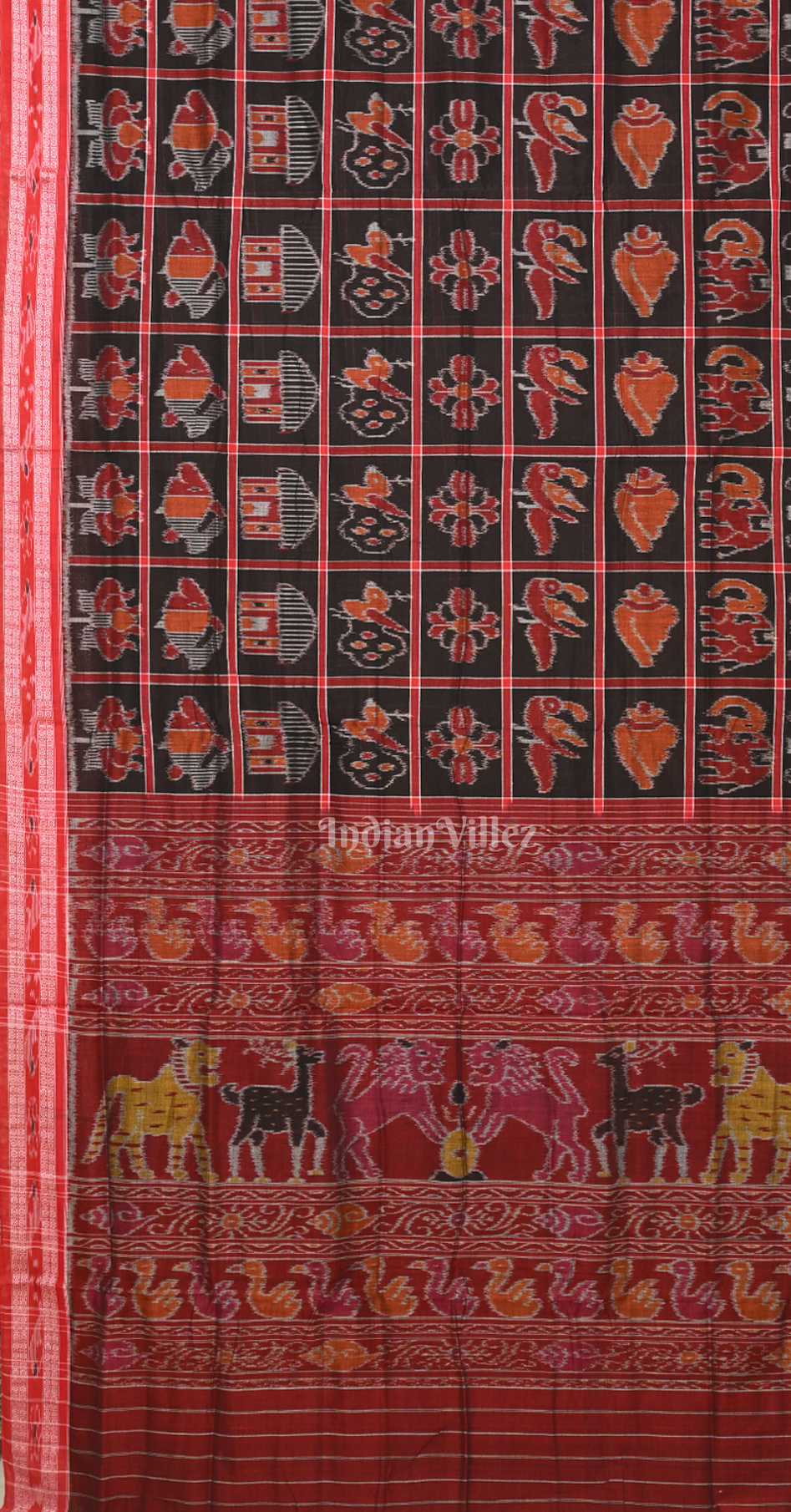 Black Maroon Nabakothi Odisha Ikat Sambalpuri Cotton Saree with Jungle Theme Anchal