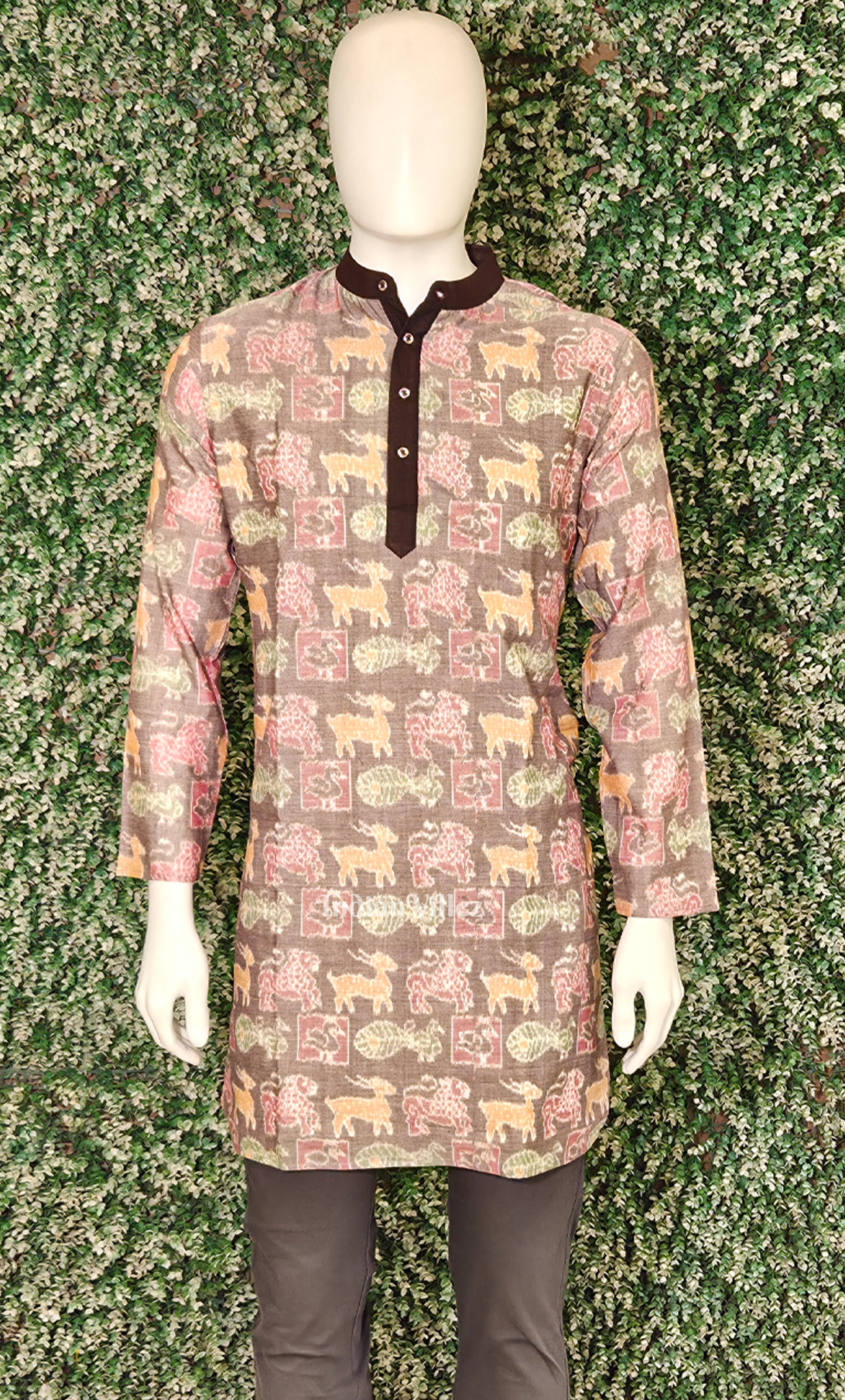 Grey Pink Jungle Theme Odisha Ikat Cotton Kurta for Men 