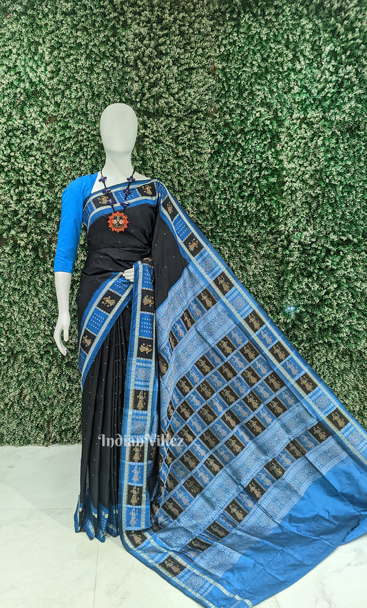 Black Blue Odisha Ikat Bomkai Sambalpuri Silk Saree with Doll Aanchal