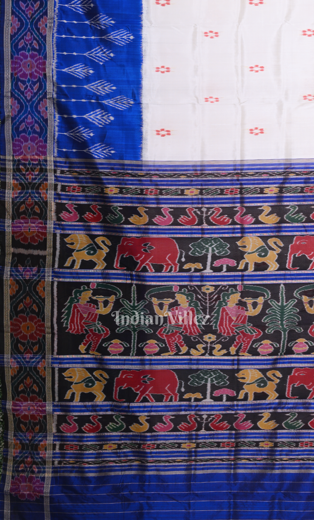 White Blue Dot Half Odisha Ikat Khandua Silk Saree 