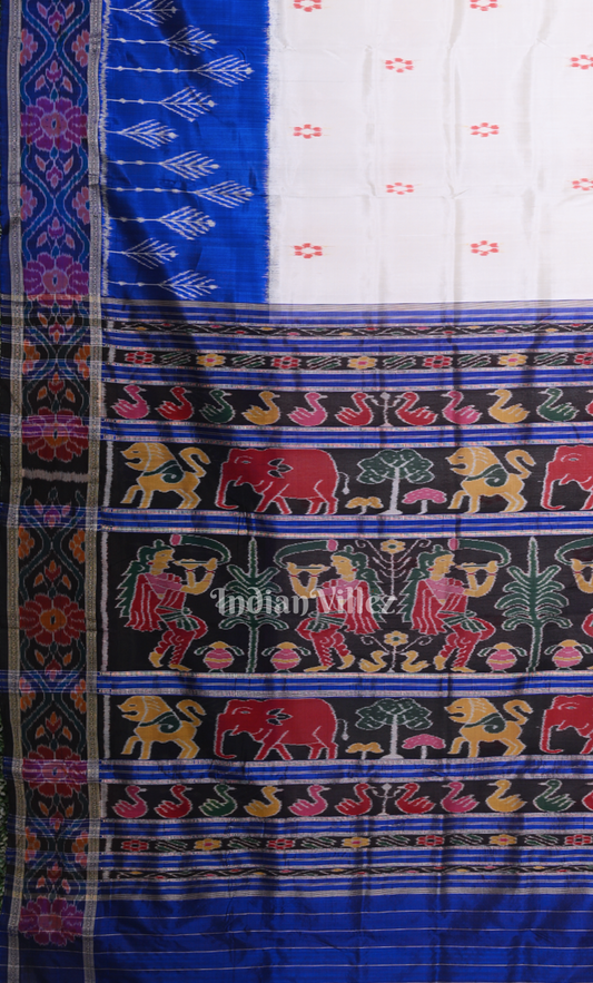 White Blue Dot Half Odisha Ikat Khandua Silk Saree 