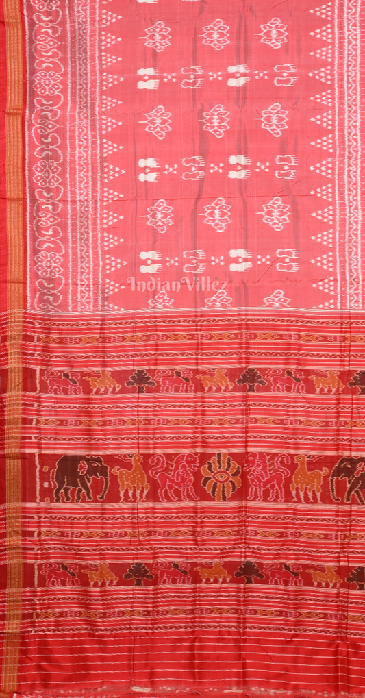 Peach Pink Red Laxmi Feet Odisha Ikat Khandua Silk Saree