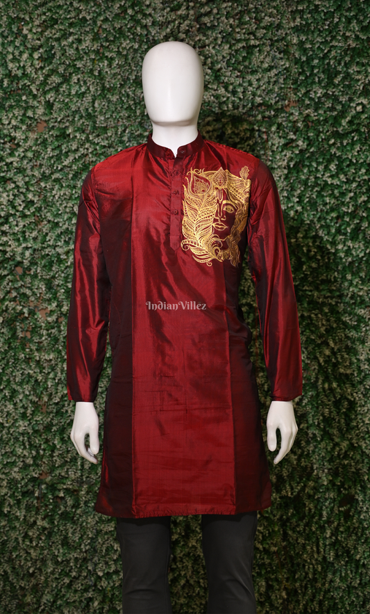 Maroon Krishna Face Theme Hand-Painted Pattachitra Kurta