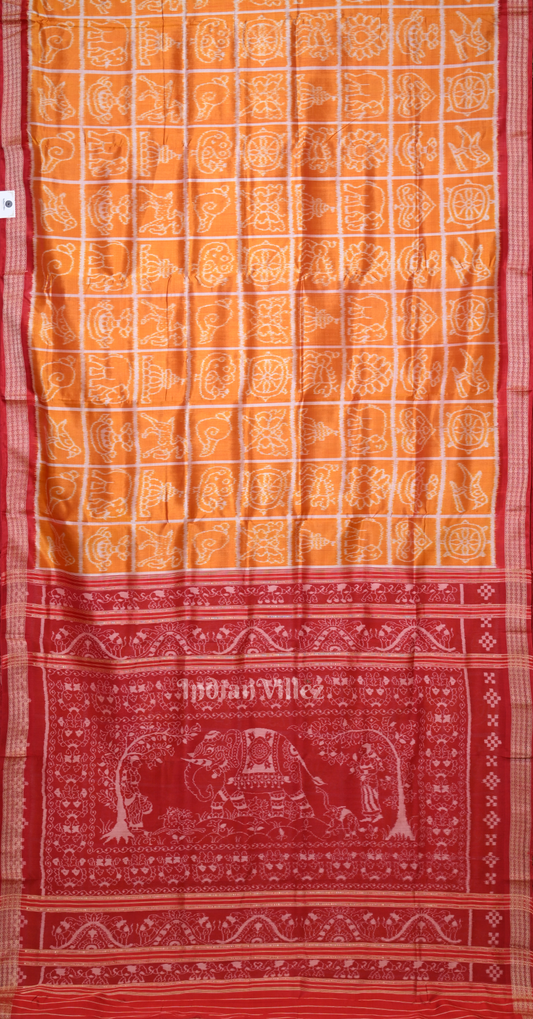 Exclusive Mustard Yellow Red Nabakothi Odisha Ikat Sambalpuri Silk Saree 