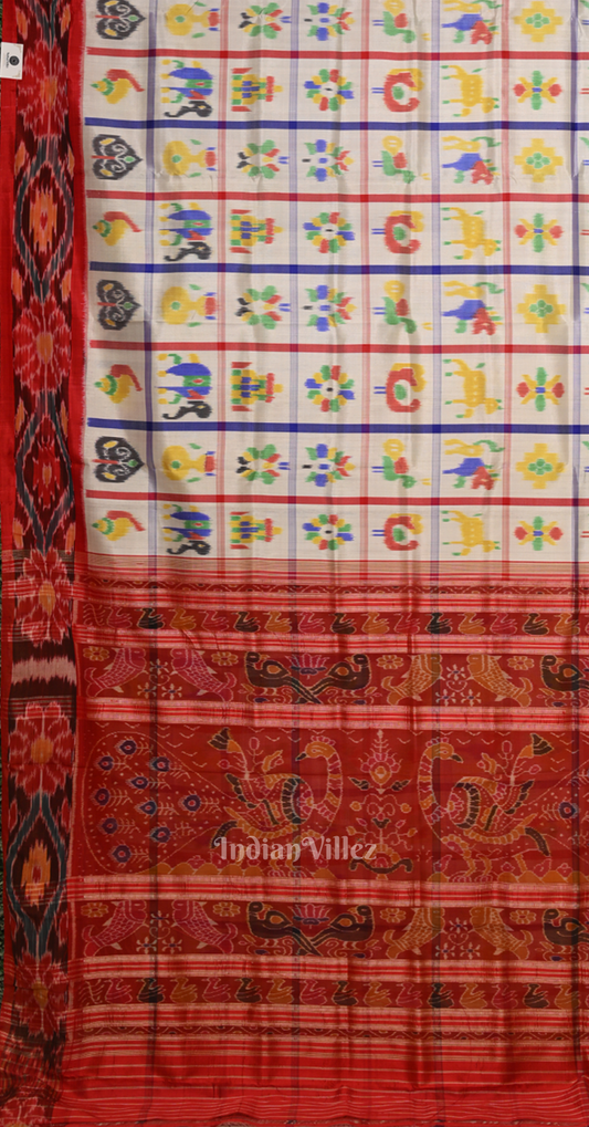 Off White Red Nabakothi Odisha Ikat Contemporary Designer Silk Saree 