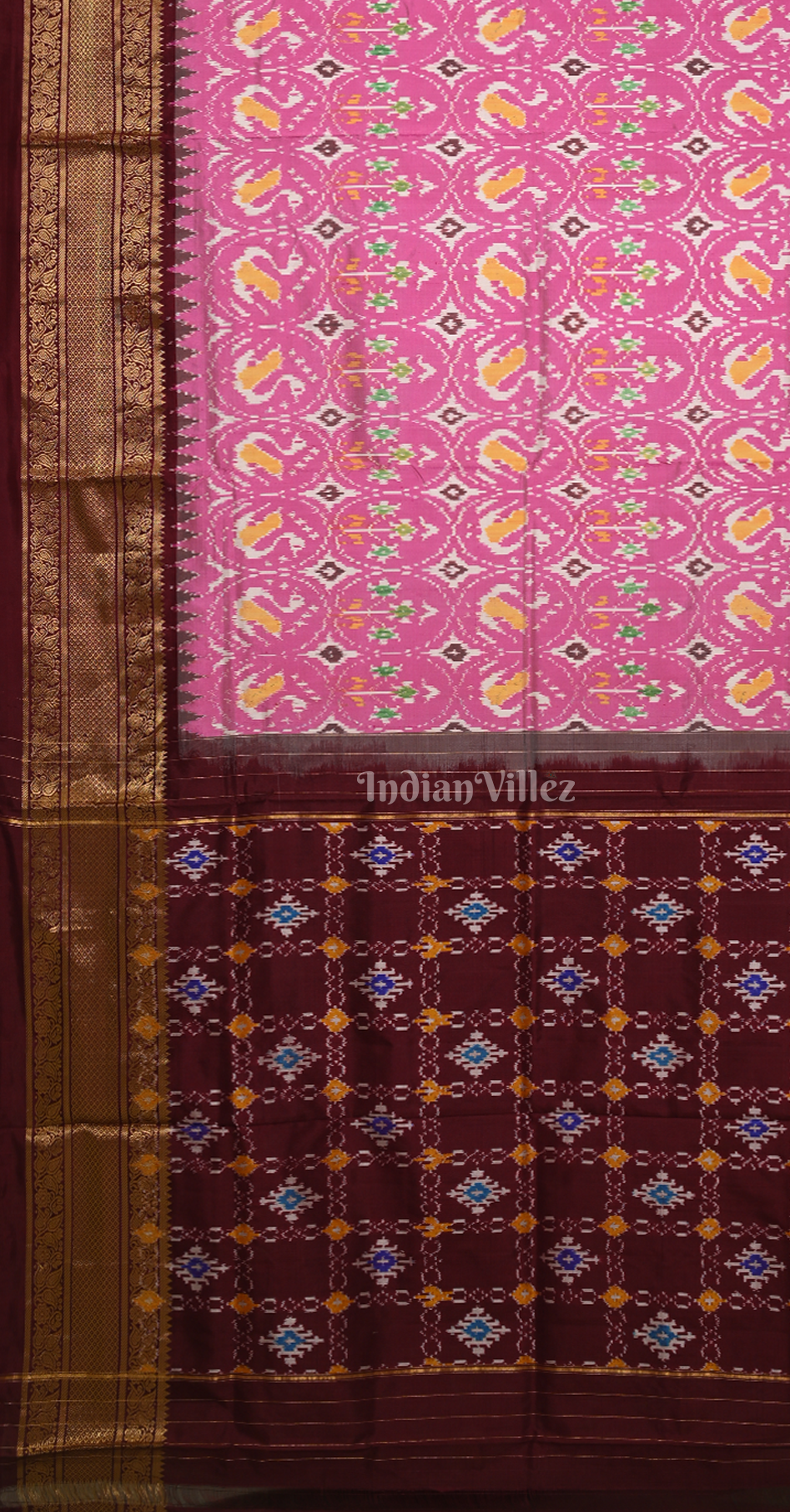 Baby Pink Coffee Pochampally Ikat Silk Saree 