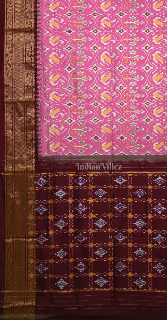 Baby Pink Coffee Pochampally Ikat Silk Saree 
