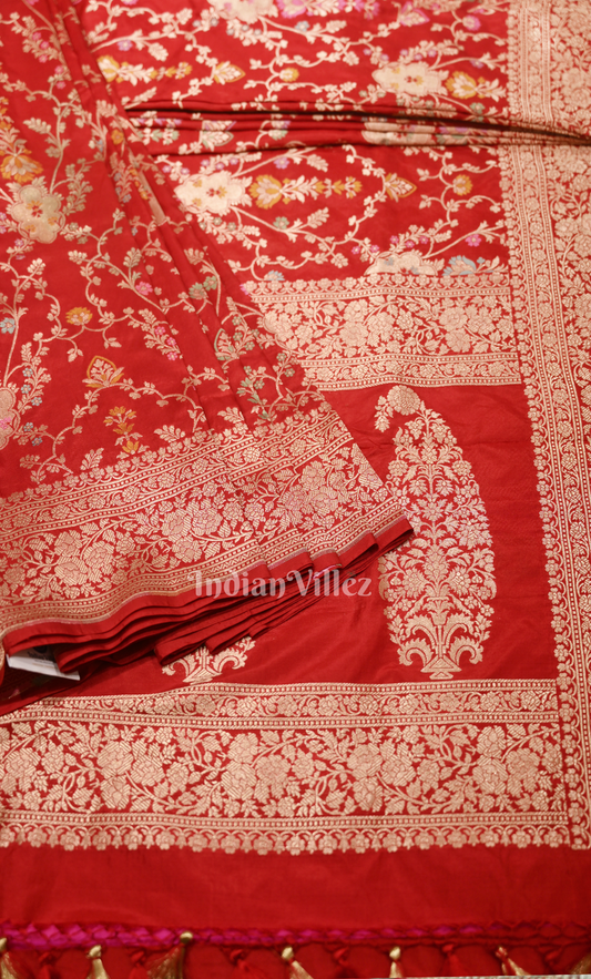 Red Floral Design Pure Katan Banarasi Silk Saree 