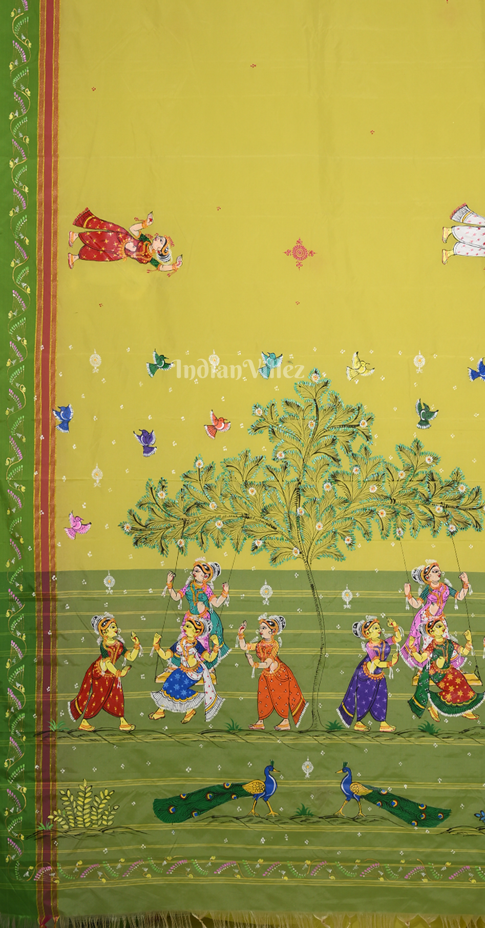 Yellow Mehendi Green Raja Doli Theme Hand-Painted Pattachitra Saree