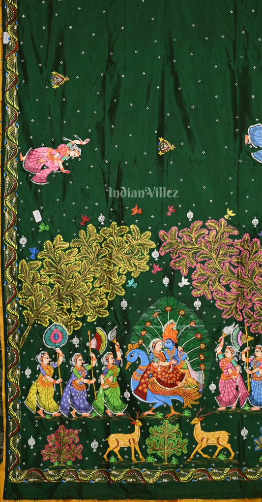 Yellow Green (Mayur) & Nartaki Theme  Hand-Painted Pattachitra Saree 