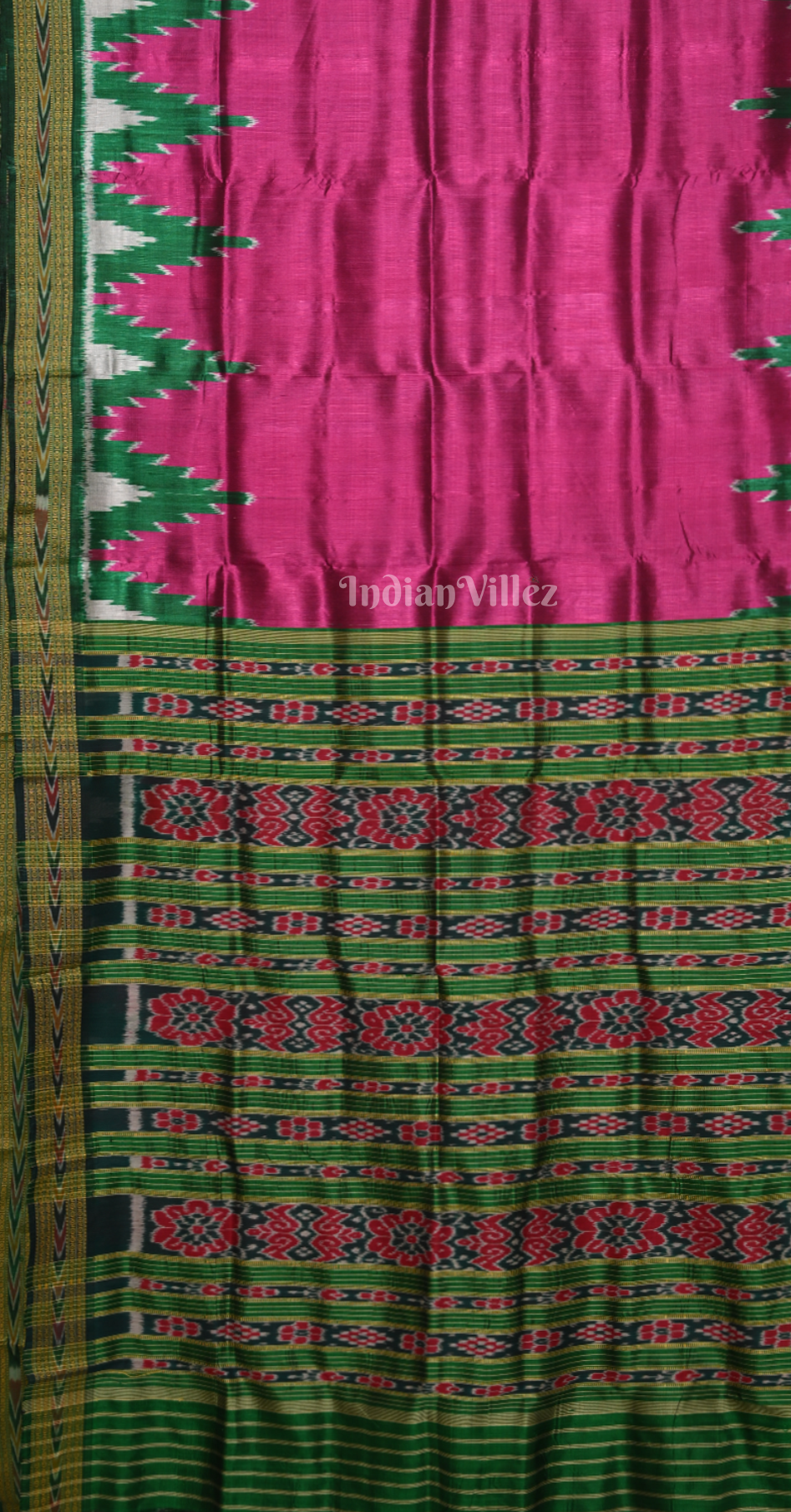 Magenta Pink Green Big Kumbha Odisha Ikat Khandua Silk Sare
