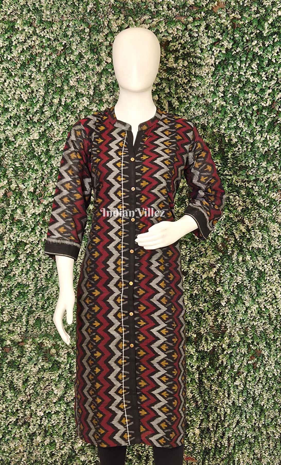 Maroon Black Zigzag Design Odisha Ikat Designer Cotton Kurti for Women 