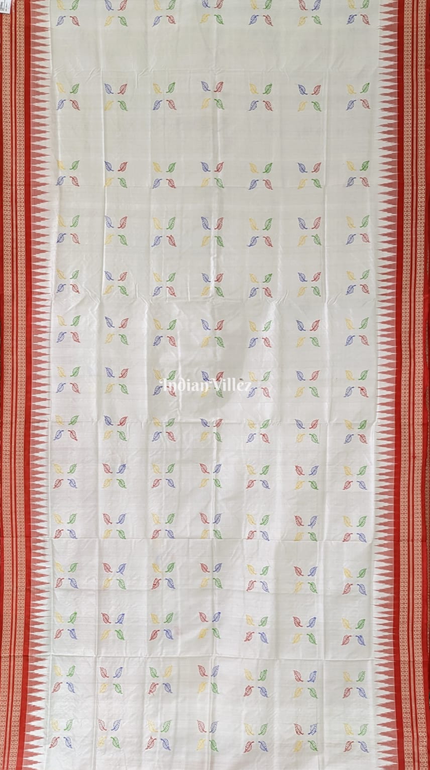 White with Multicolored Leaf Bomkai Sambalpuri Silk Saree