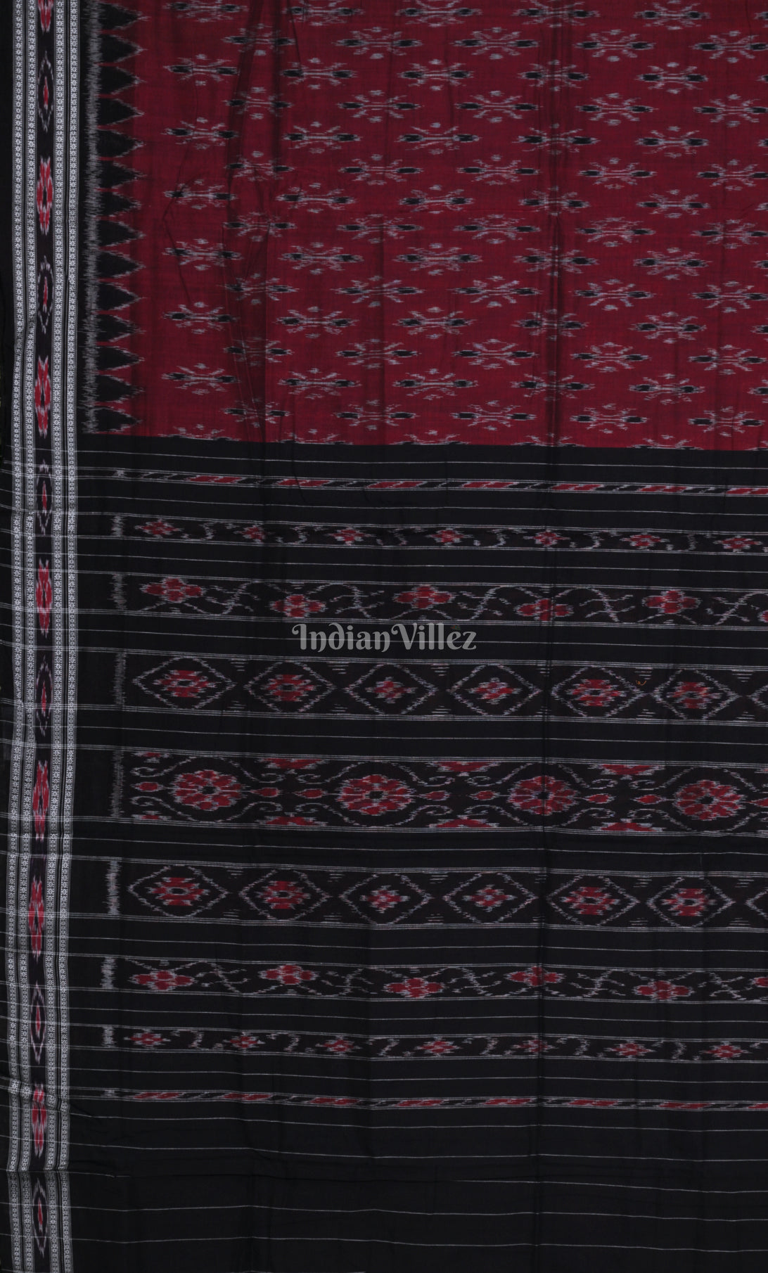 Maroon Red Black Odisha Ikat Maniabandha Cotton Saree 