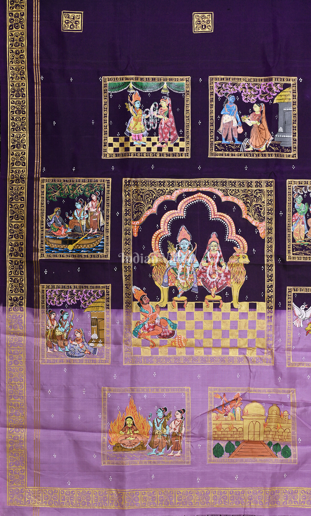 Purple Pink Ramayan Theme  Hand-Painted Pattachitra Saree