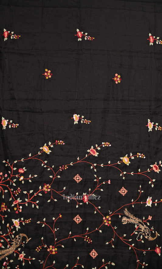  Deep Black Tusasr Silk Saree with Floral Hand Embroidery Work
