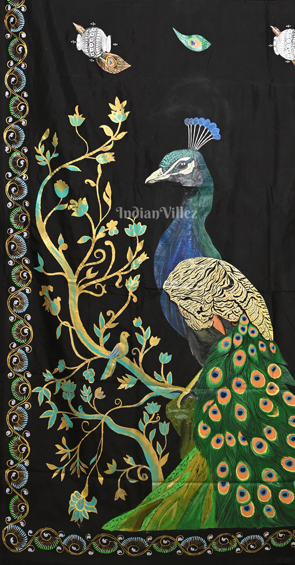 Black Peacock Theme Hand-Painted Pattachitra Saree 