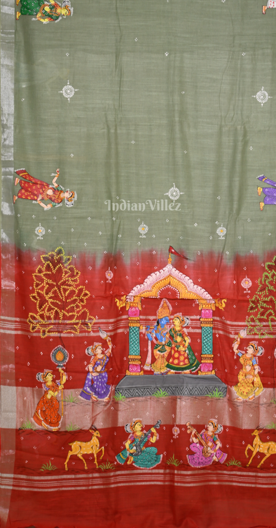 Olive Green Red Krishna Rasa Leela Hand-Painted Pattachitra Saree
