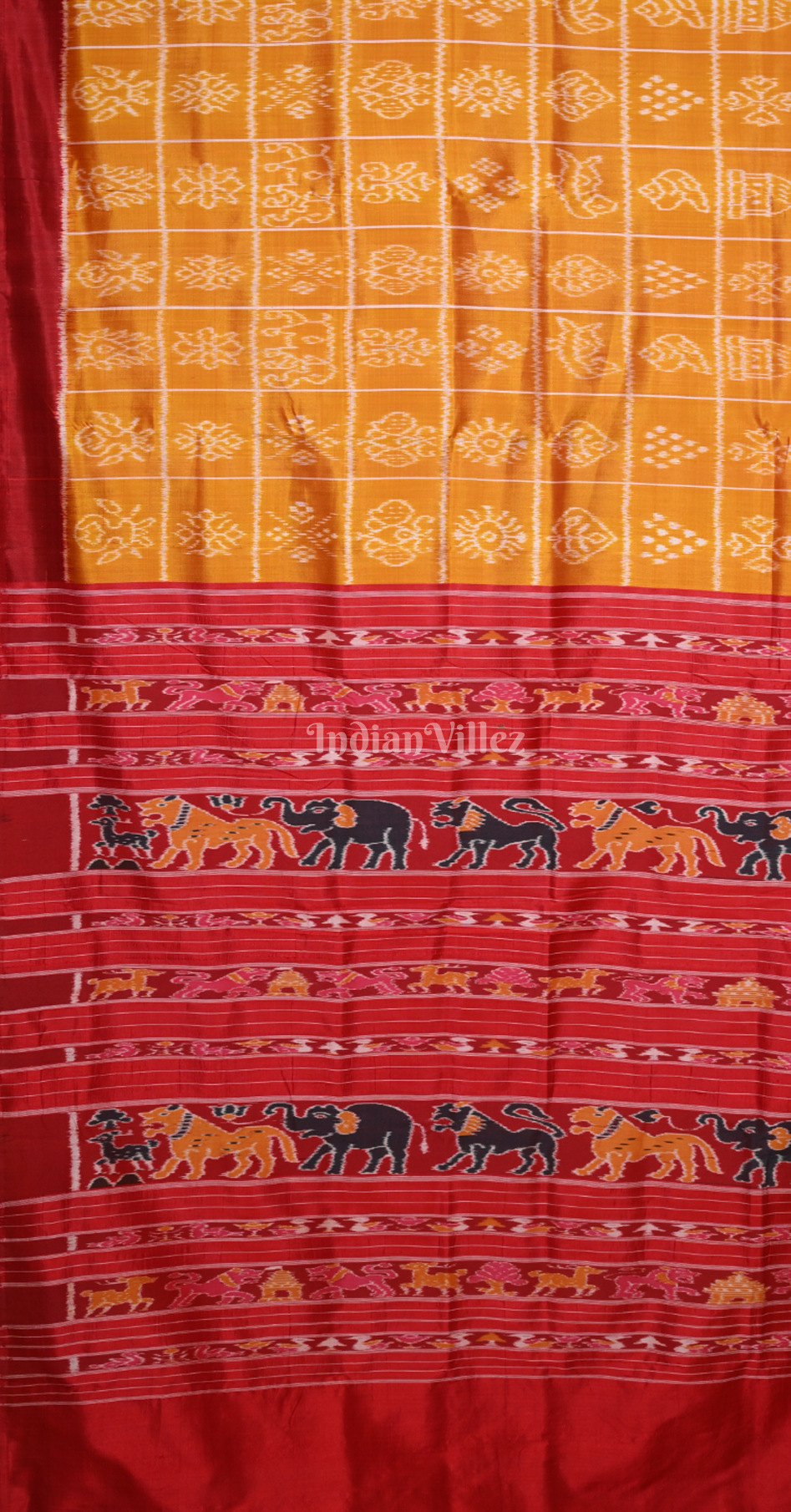  Mustard Yellow Red Nabakothi Odisha Ikat Contemporary Designer Silk Saree