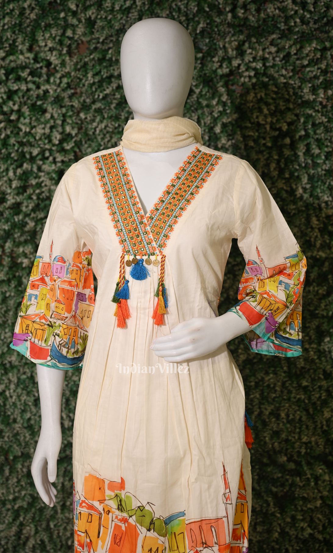 White Cityspace Printed Peplum Cotton Kurta  Pant with Dupatta Set