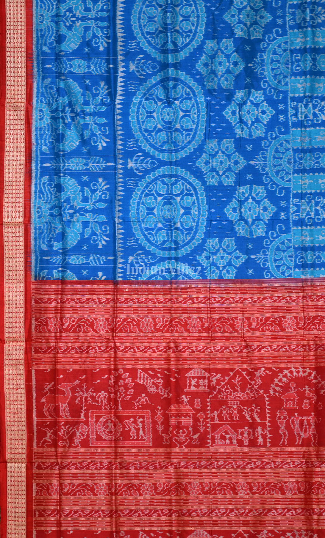 Exquiste Blue Red Tribal village life Design Odisha Ikat Sambalpuri Silk Saree