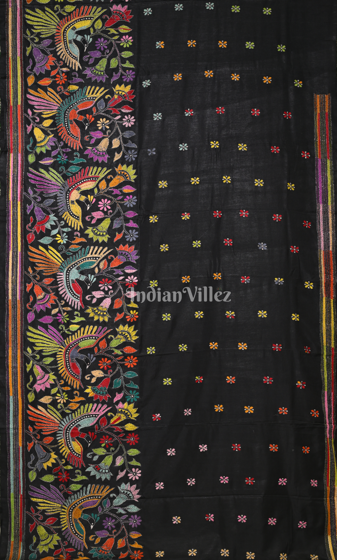 Black Flower Motif Handwoven Kantha Stitch Silk Saree 