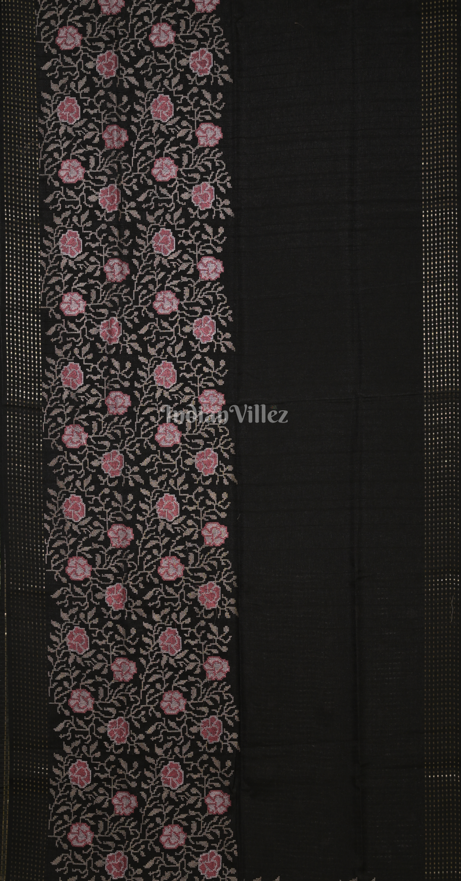 Black Tussar Silk Saree with  Pink Floral Embroidery Work