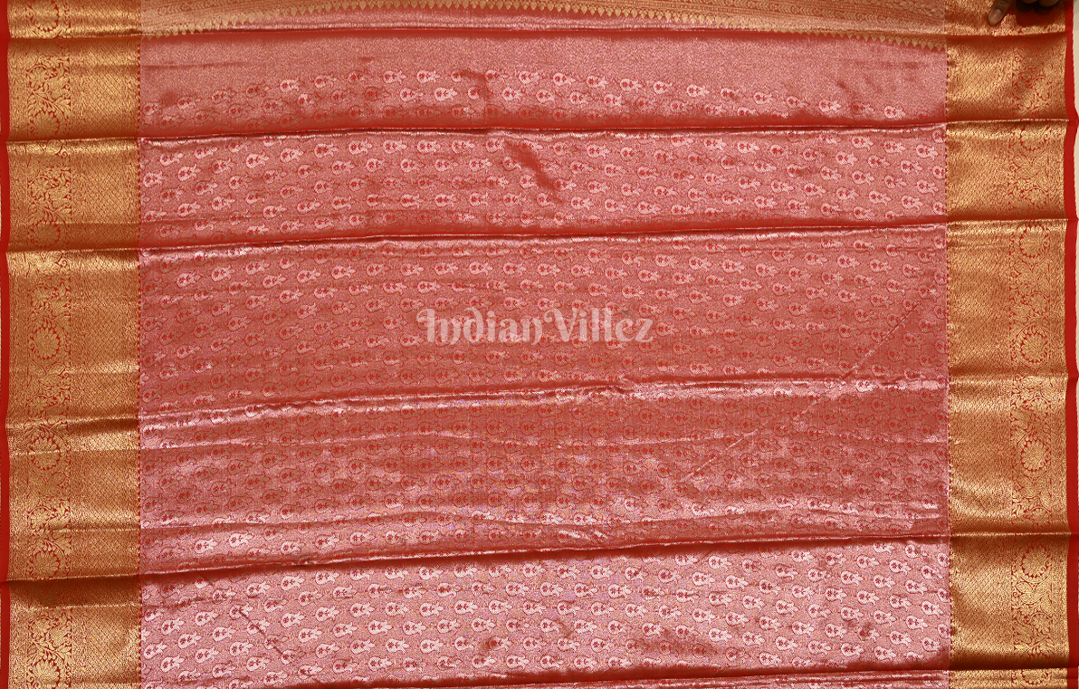 Powder Blue Red Floral Pure Kanjivaram Tissue Silk Saree 