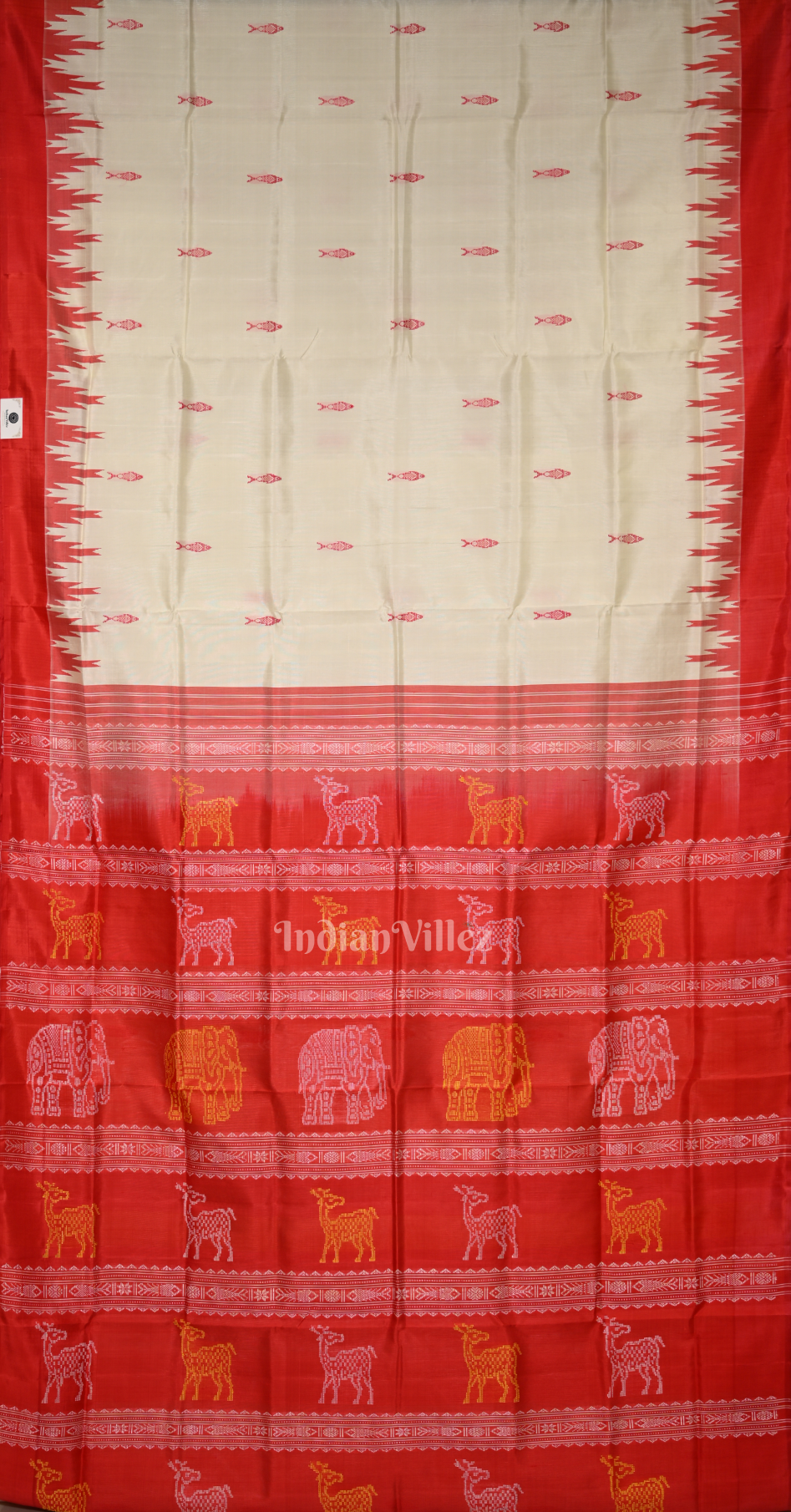 White Red Fish Motif Double Pallu Berhampuri Silk Saree