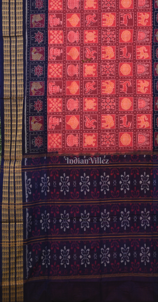 Peach Red Navy Blue Nabakothi Odisha Ikat Sambalpuri Cotton Saree 
