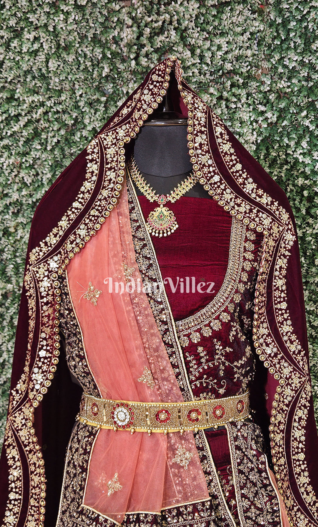 Enchanting  Maroon Peach Embroidered Velvet Lehenga Choli with Dupatta