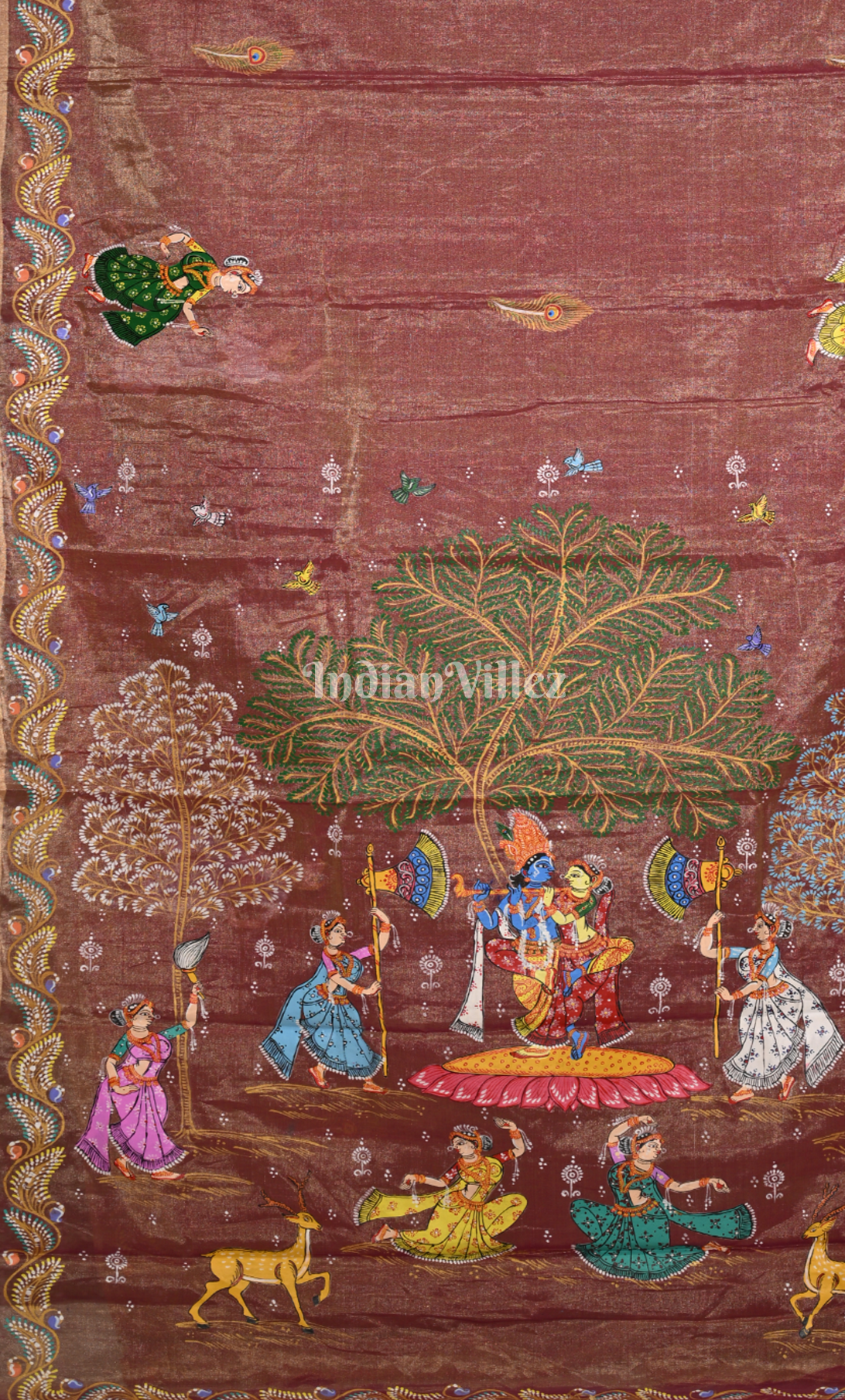 Rust Maroon Dual Tone Krishna Raas Leela Hand- Painted Pattachitra Saree (Tissue)