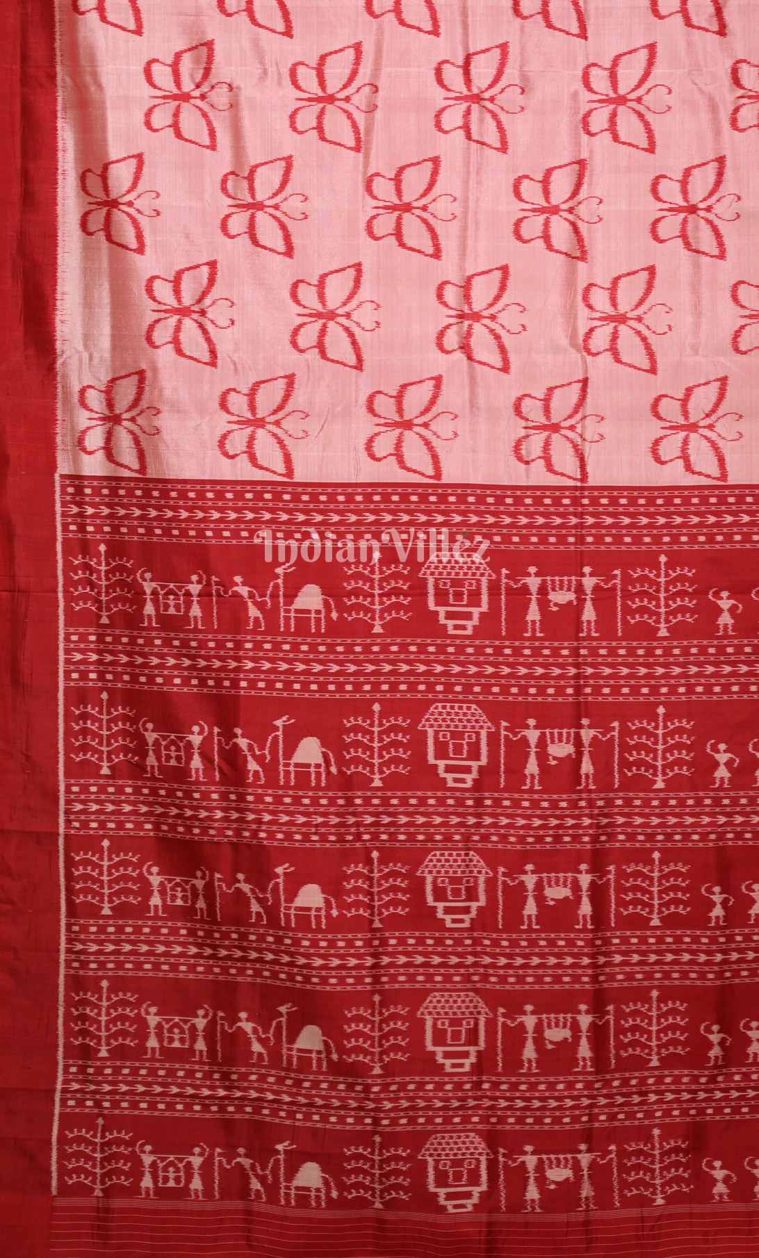 Peach Red Butterfly Theme Odisha Ikat Contemporary Designer Silk Saree 
