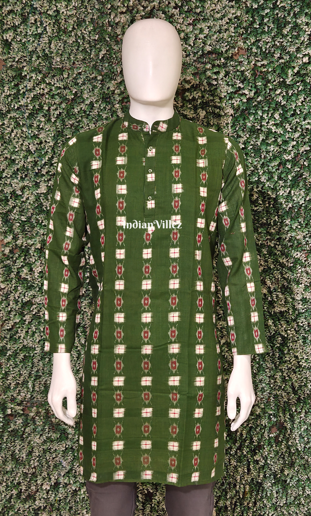 Green Red Pasapali Odisha Ikat Cotton Kurta for Men 