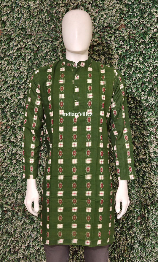 Green Red Pasapali Odisha Ikat Cotton Kurta for Men 
