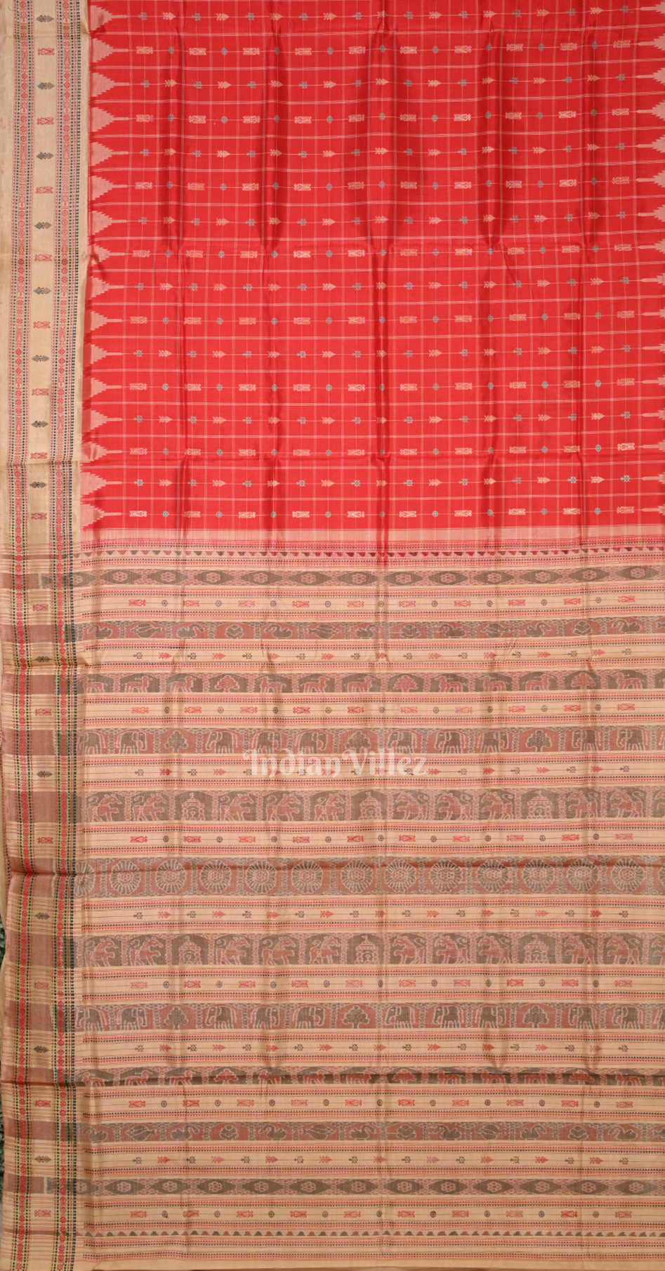 Red Beige Hazarbuti Odisha Ikat Tussar Silk Saree