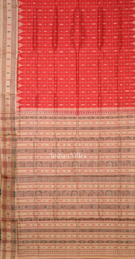 Red Beige Hazarbuti Odisha Ikat Tussar Silk Saree