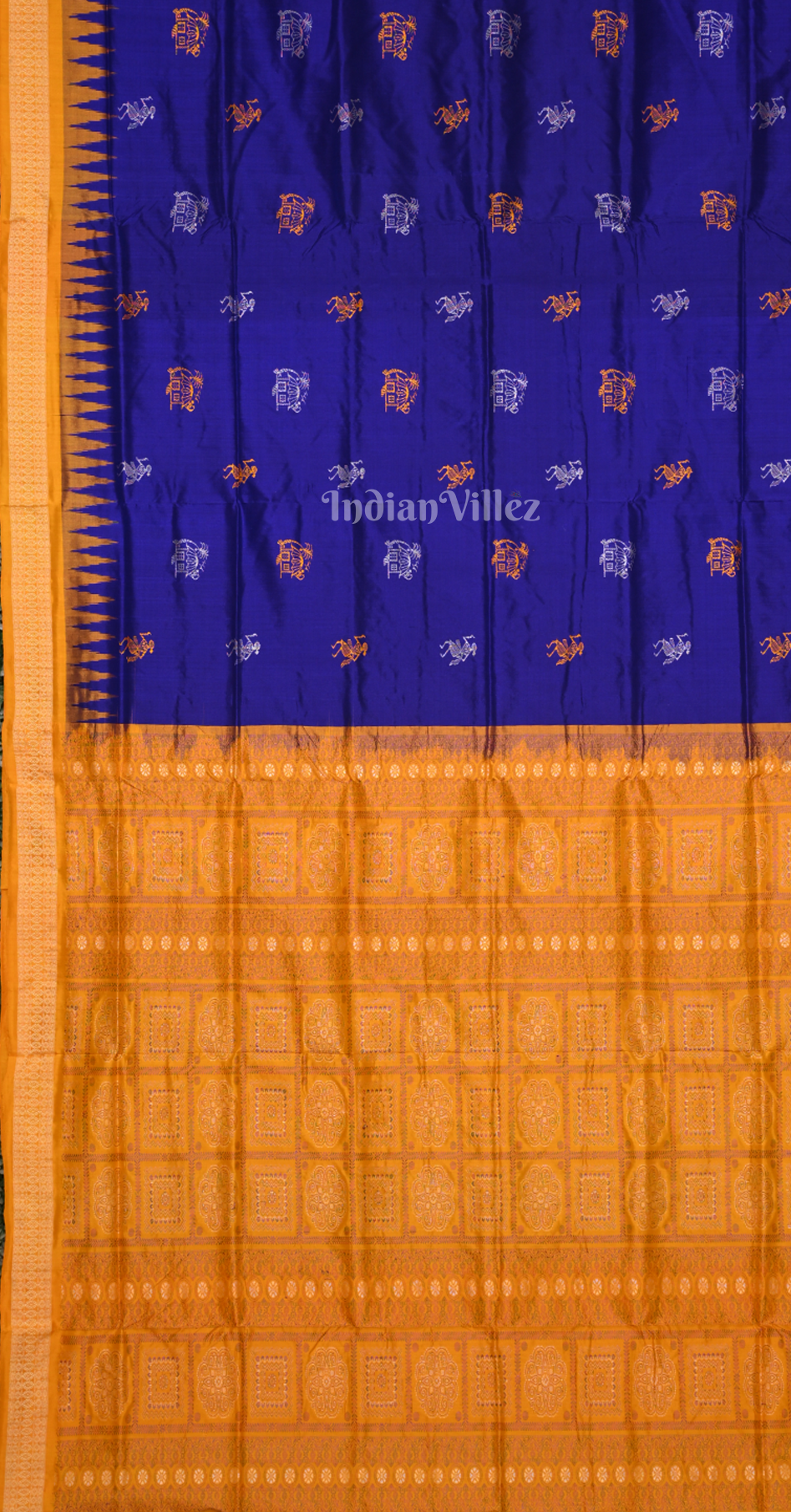 Blue Yellow Tribal Huts Design Odisha Ikat Bomkai Sambalpuri Silk Saree