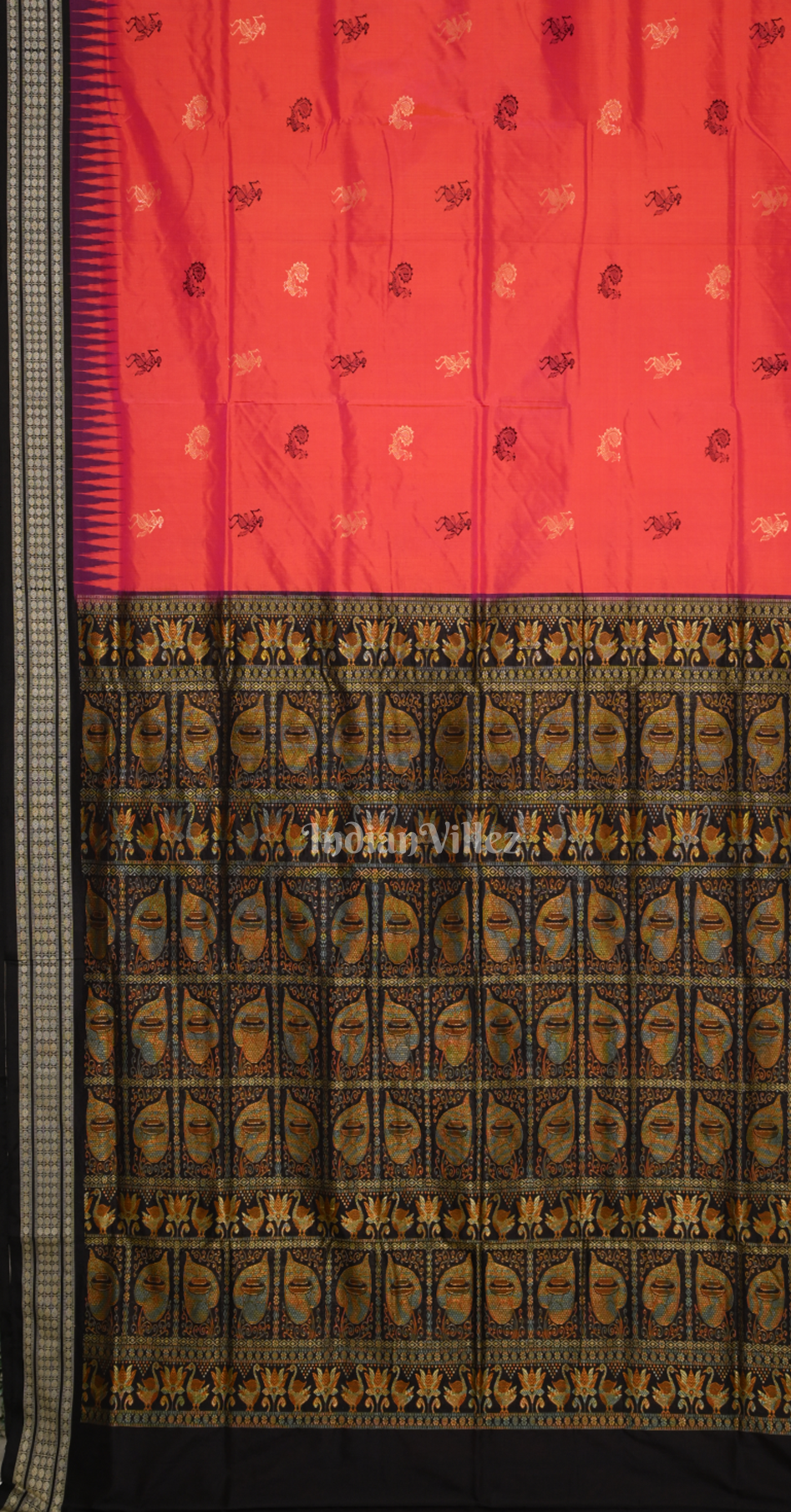 Orange Black Tribal Theme Odisha Ikat Bomkai Sambalpuri Silk Saree