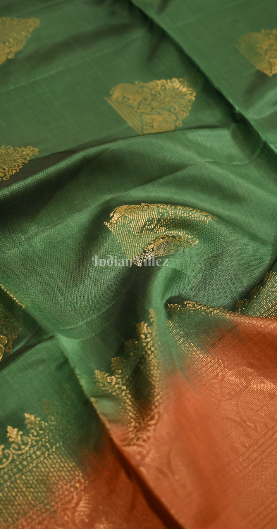 Green Rust Orange Zari Pure Kanjivaram Soft Silk Saree