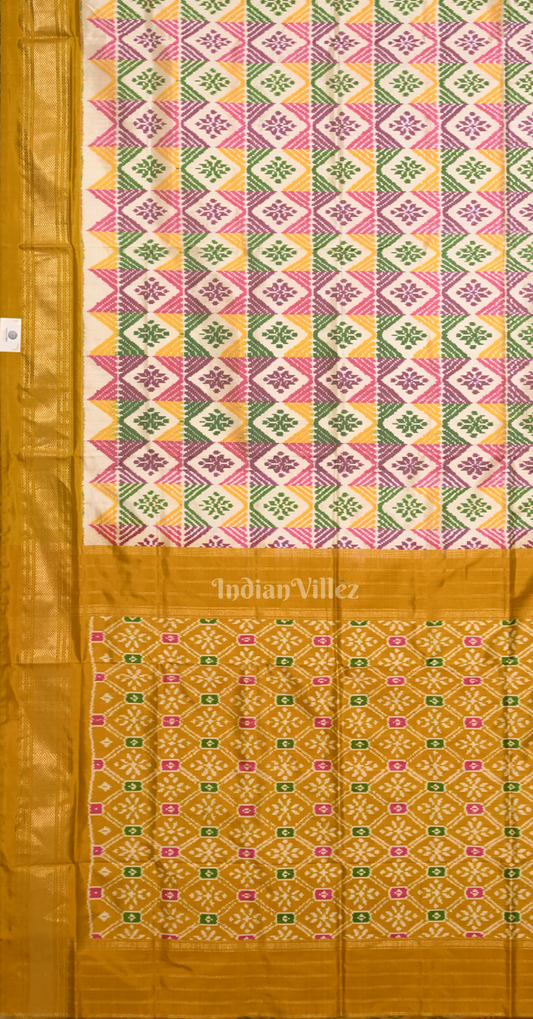 Off white with Mustard Yellow Pochampally Ikat Silk Saree