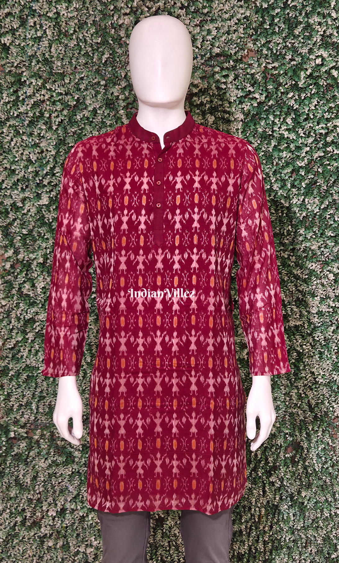 Maroon Tribal Motif Odisha Ikat Cotton Kurta for Men