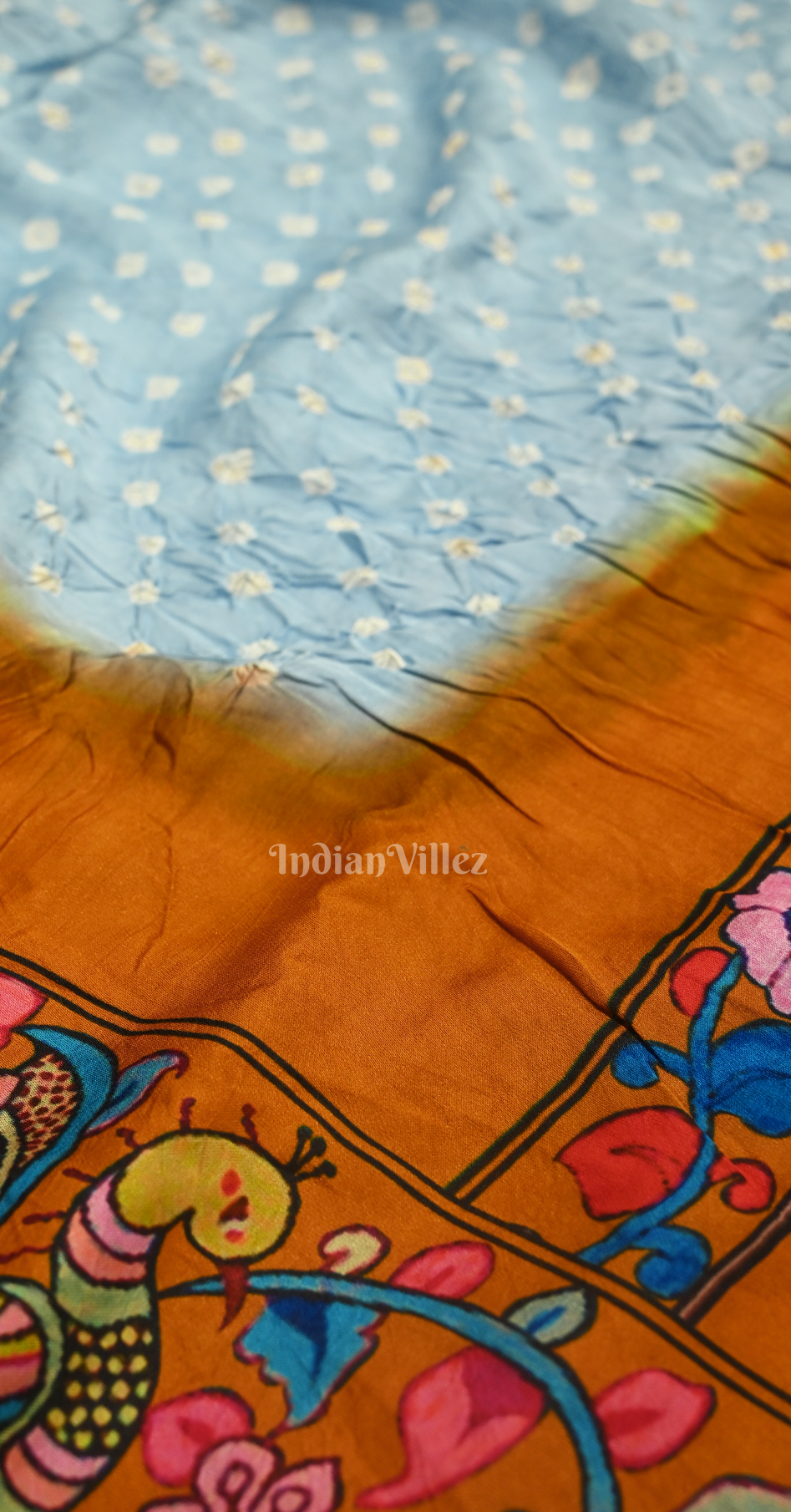 Light Blue Orange Bandhani Gharchola Gaji Silk Saree with Zari Work 