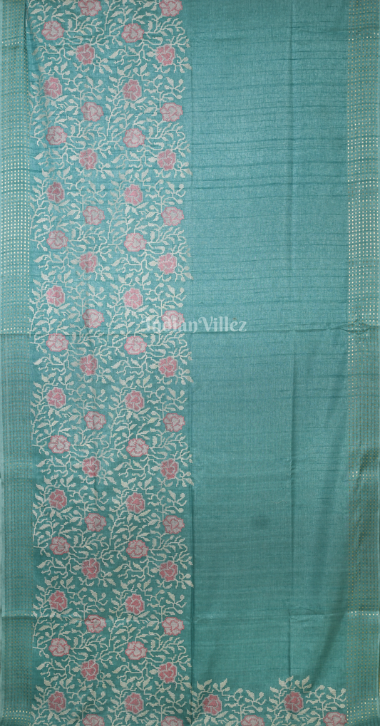 Blue Tussar Silk Saree with Floral Embroidery Work