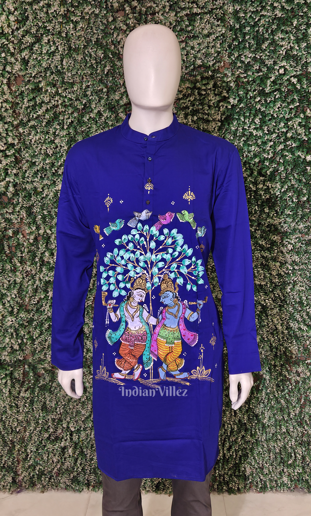 Royal Blue Krishna Murali Theme Hand-Painted Pattachitra Kurta 