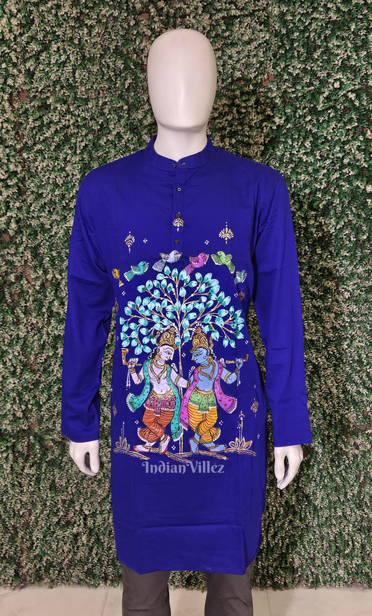 Royal Blue Krishna Murali Theme Hand-Painted Pattachitra Kurta 