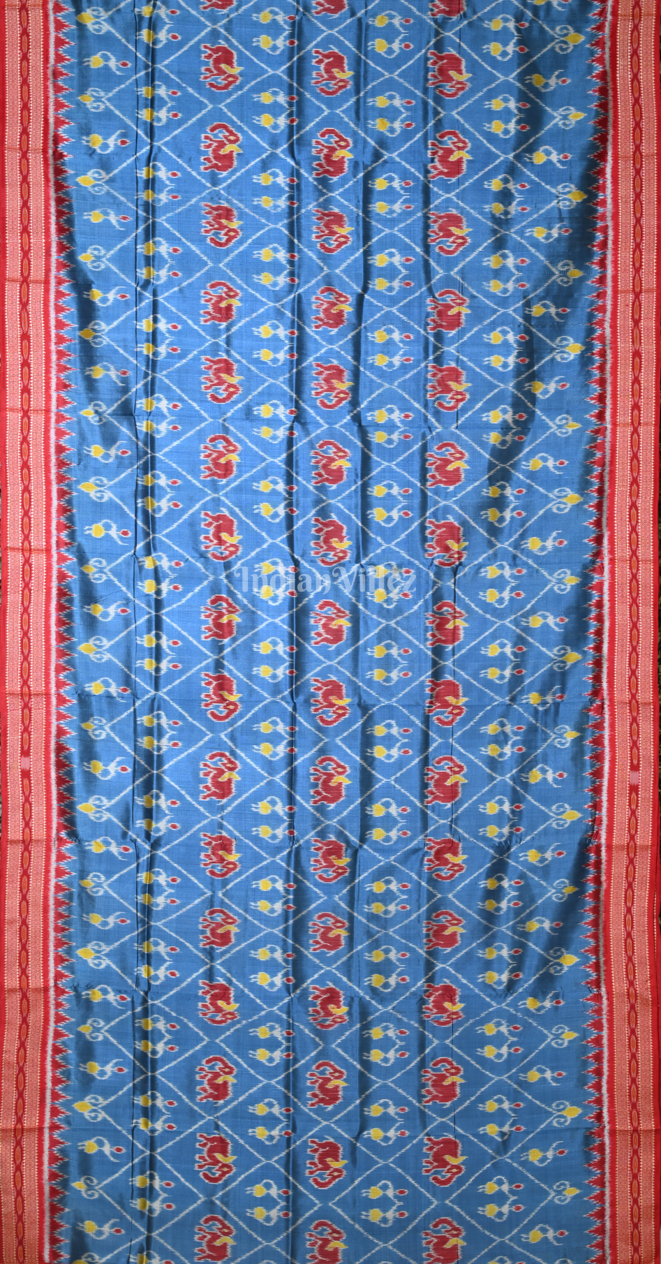 Cyan Blue Maroon Tribal Motif Odisha Ikat Khandua Silk Saree